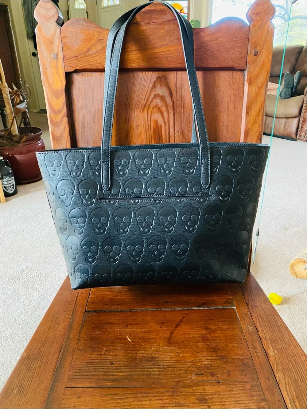 Betsey Johnson Black Embossed Skull Tote with Gold Plaque